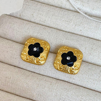 Custom French Vintage Black Flower Square Stud Earrings Niche High-end Simple Versatile Inlaid Diamond Earrings for Women