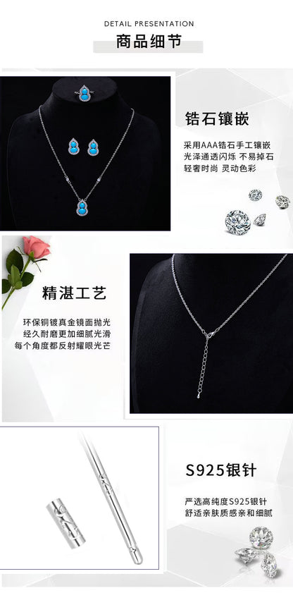 New Chinese Style Retro Imitation Turquoise Gourd Pendant Necklace Ring Jewelry Set Light Luxury High-end National Style Earrings