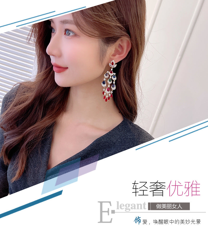 Colorful Zircon Inlaid Long Water Drop Tassel Earrings Trendy European and American Court Style Exaggerated Elegant Heavy Craft Earrings