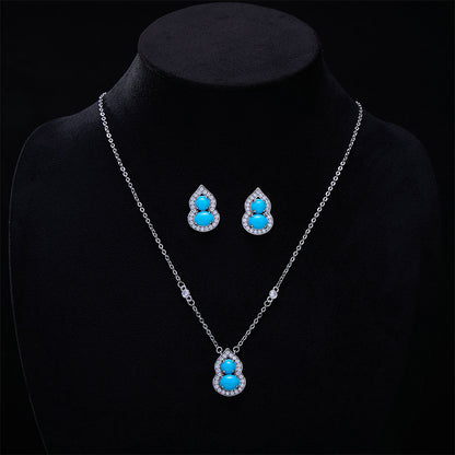 New Chinese Style Retro Imitation Turquoise Gourd Pendant Necklace Ring Jewelry Set Light Luxury High-end National Style Earrings
