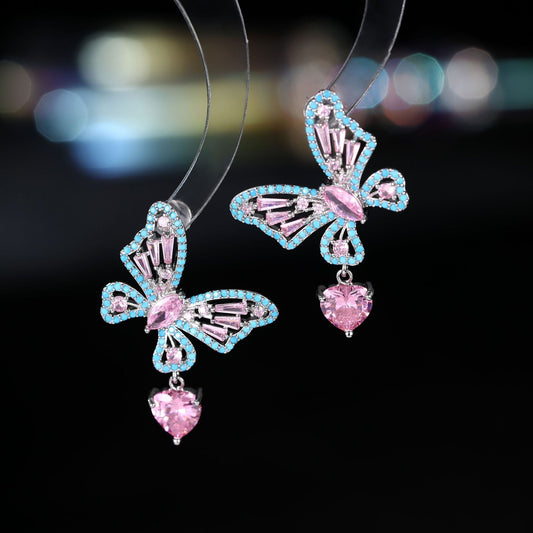 Cross-border Elegant Versatile Butterfly Heart Earrings Hollow Micro Pave Zircon High-end s925Silver Needle Sweet Fashion Earrings