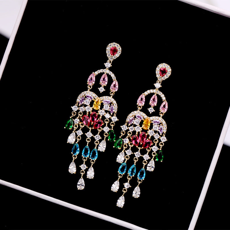 Autumn European and American Style Personality Tassel Earrings Long Colorful Zircon Studs New Fashion Water Drop Earrings for Women
