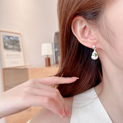 Green Leaf Gourd Earrings Ancient Style Fortune and Prosperity New Chinese Style National Style Imitation Jade Elegant Temperament Hanfu Cheongsam Matching Earrings