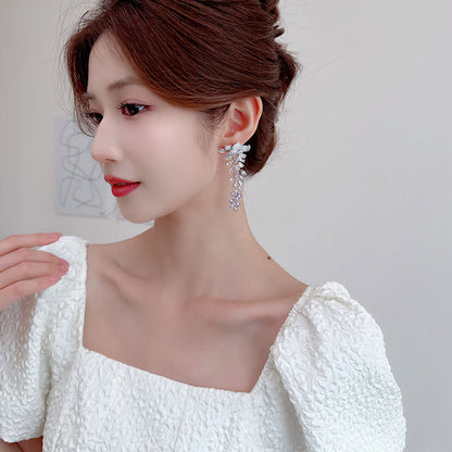 Heavy Craft Hot-Selling Zircon Leaf Wisteria Flower Earrings Fashion Evening Elegant Bride Wedding Dress Earrings Accessories