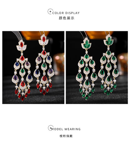 Colorful Zircon Inlaid Long Water Drop Tassel Earrings Trendy European and American Court Style Exaggerated Elegant Heavy Craft Earrings