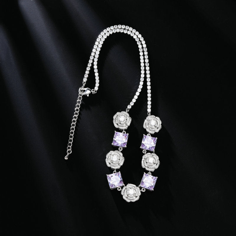 High-end Zircon Camellia Necklace Light Luxury Accessories Collarbone Chain Bracelet Earrings Dress Matching Elegant Jewelry Set