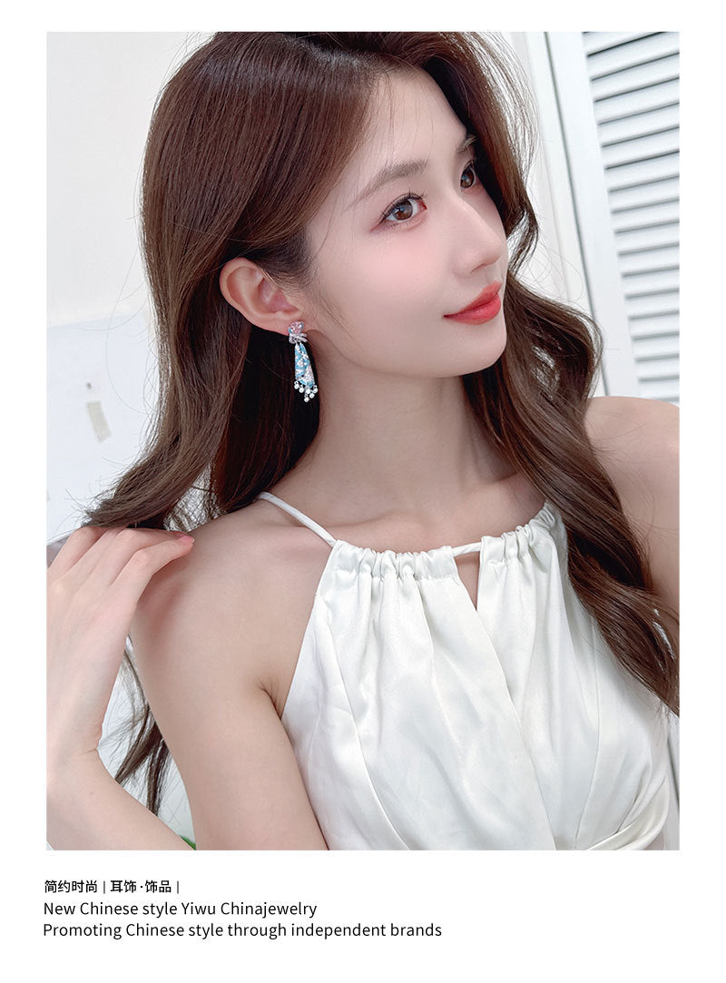 French Style Heavy Craft Colorful Silk Earrings Light Luxury High-end Sense Temperament Autumn Winter Zircon Jewelry Tassel Silver Needle Earrings for Women
