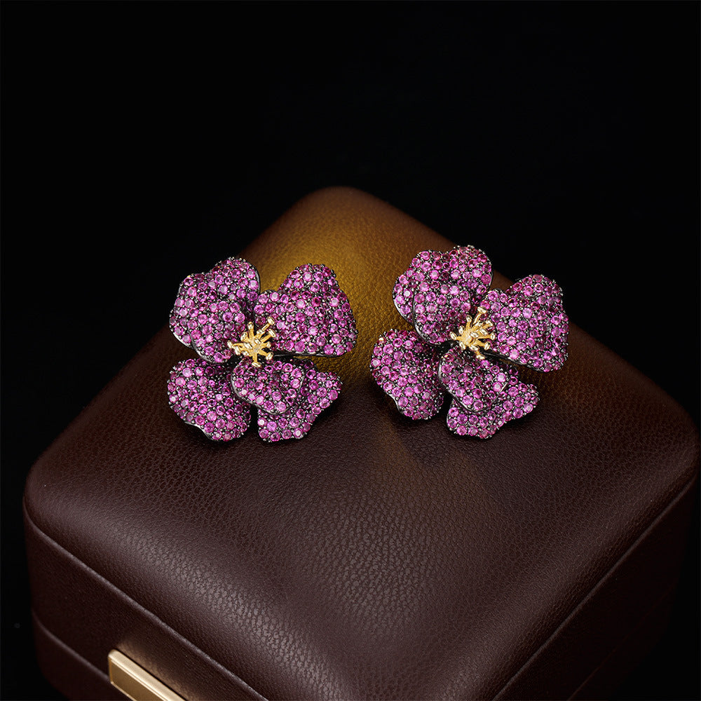 Light Luxury High-End Micro-Paved Zircon Rose Flower Stud Earrings s925Silver Needle Luxurious Elegant Exquisite Earrings for Women