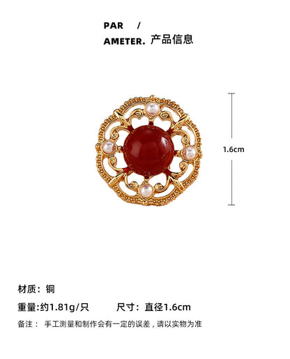 Vintage New Chinese Style Wine Red Agate Stone Earrings for Women Elegant Palace Style High-end Simple Temperament Pearl Earrings