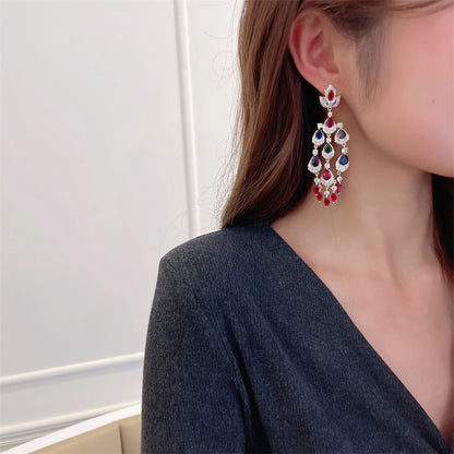 Colorful Zircon Inlaid Long Water Drop Tassel Earrings Trendy European and American Court Style Exaggerated Elegant Heavy Craft Earrings