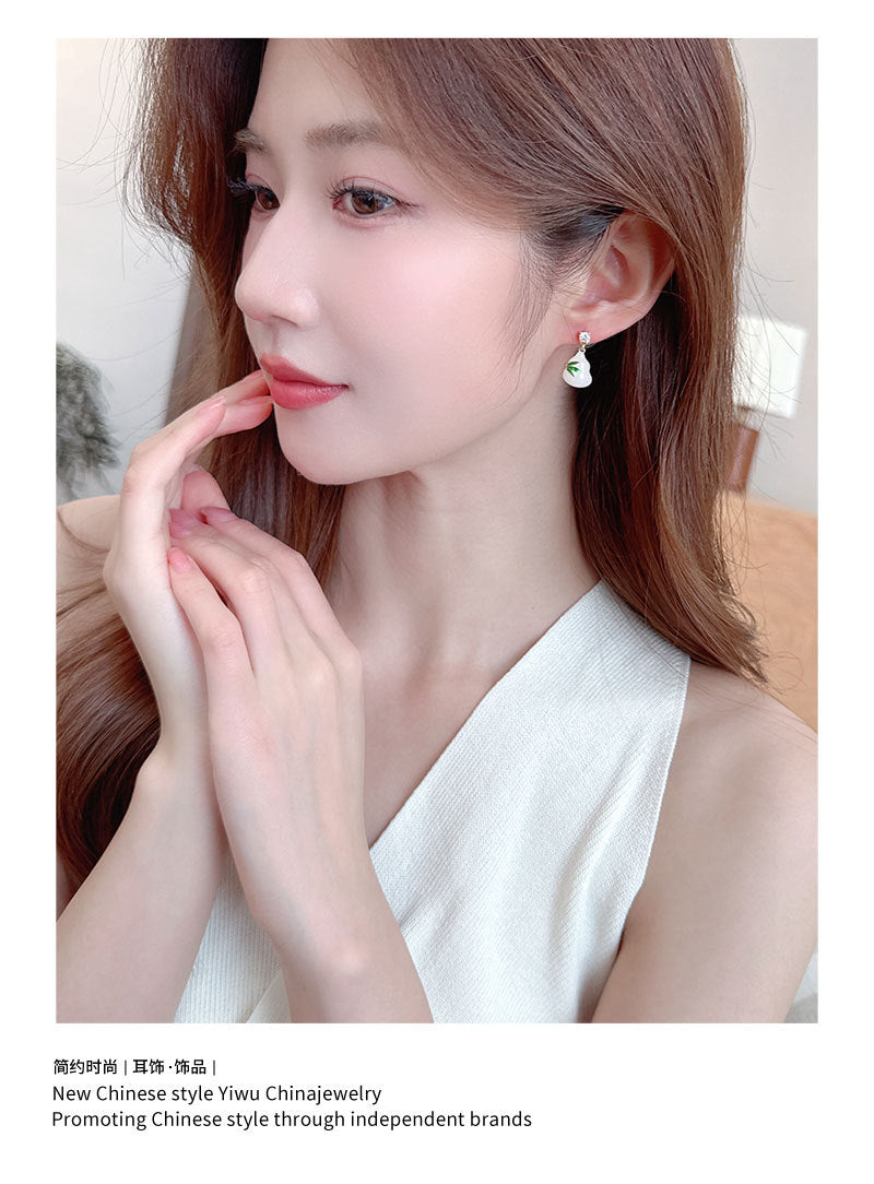 Green Leaf Gourd Earrings Ancient Style Fortune and Prosperity New Chinese Style National Style Imitation Jade Elegant Temperament Hanfu Cheongsam Matching Earrings