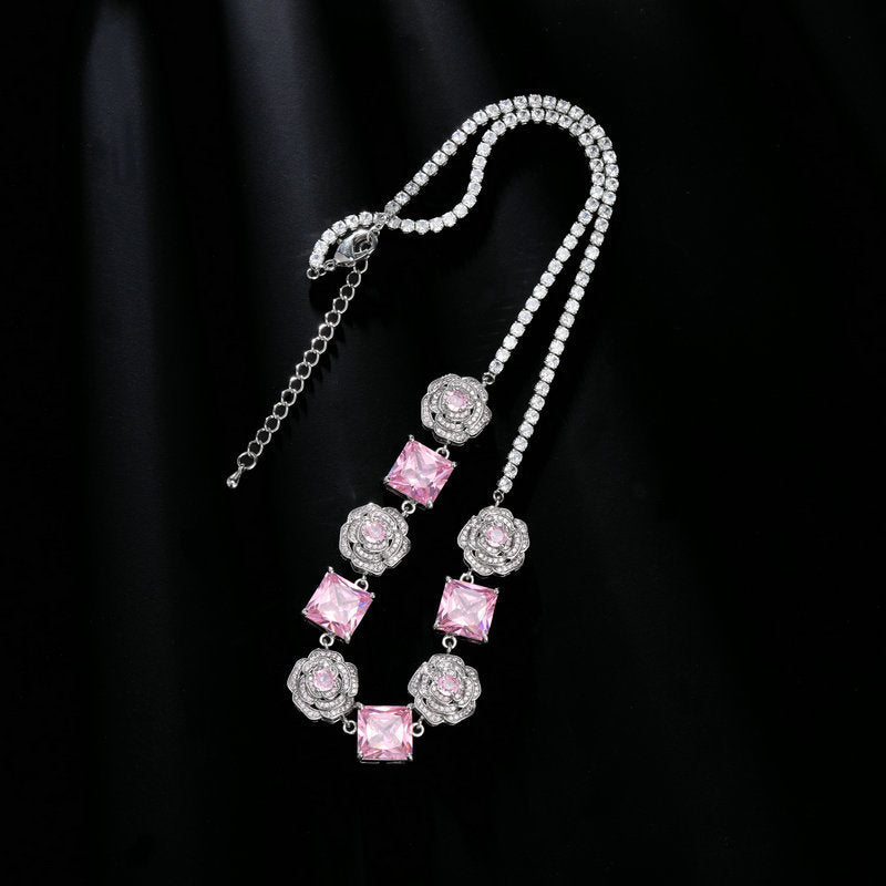 High-end Zircon Camellia Necklace Light Luxury Accessories Collarbone Chain Bracelet Earrings Dress Matching Elegant Jewelry Set