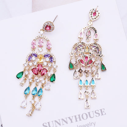 Autumn European and American Style Personality Tassel Earrings Long Colorful Zircon Studs New Fashion Water Drop Earrings for Women