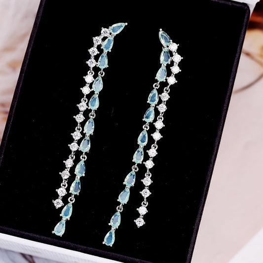 2022New Long Tassel Earrings European and American Fashion Zircon Silver Needle Drop High-end Water Drop Geometric Earrings