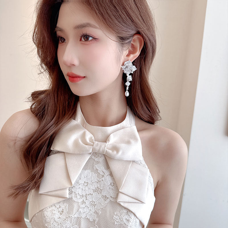 High-end Heavy Craft Earrings for Annual Meeting and Evening Dresses, Luxurious Long Elegant Zircon Flower Earrings