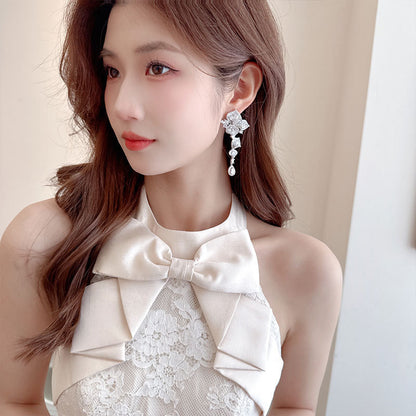 High-end Heavy Craft Earrings for Annual Meeting and Evening Dresses, Luxurious Long Elegant Zircon Flower Earrings