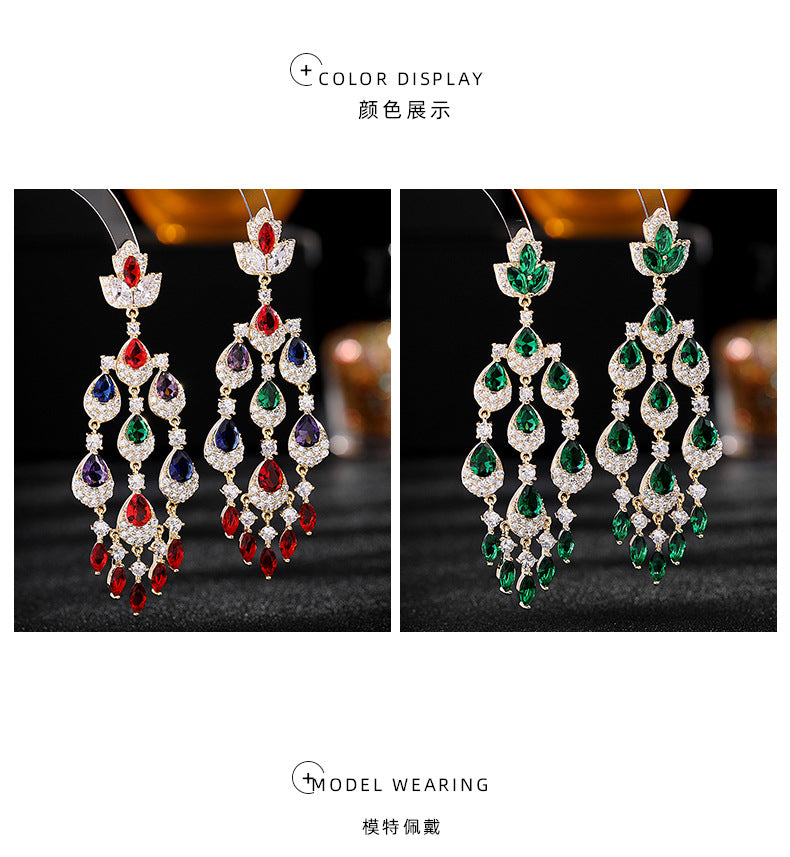 Colorful Zircon Inlaid Long Water Drop Tassel Earrings Trendy European and American Court Style Exaggerated Elegant Heavy Craft Earrings