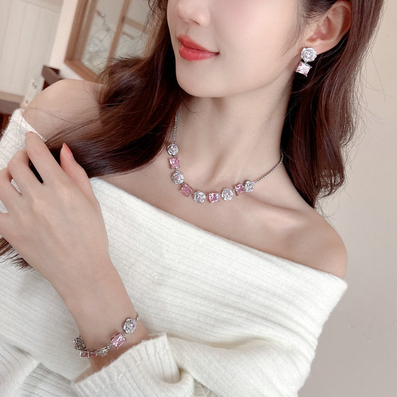 High-end Zircon Camellia Necklace Light Luxury Accessories Collarbone Chain Bracelet Earrings Dress Matching Elegant Jewelry Set