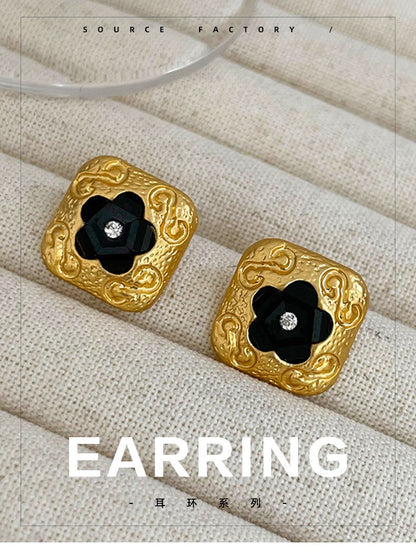 Custom French Vintage Black Flower Square Stud Earrings Niche High-end Simple Versatile Inlaid Diamond Earrings for Women
