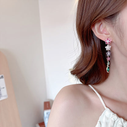 Colorful Ice Crack Flower Earrings S925Silver Needle Elegant Long Tassel Gradient Pink Purple Heavy Craft Earrings for Women