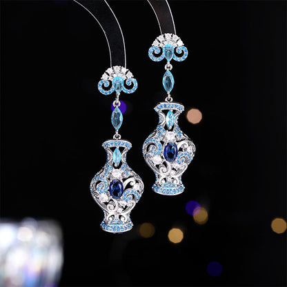 Light Luxury New Chinese Style Ancient Style Three-Dimensional Earrings Retro Zircon Inlaid High-End Long Blue and White Porcelain Evening Drop Earrings