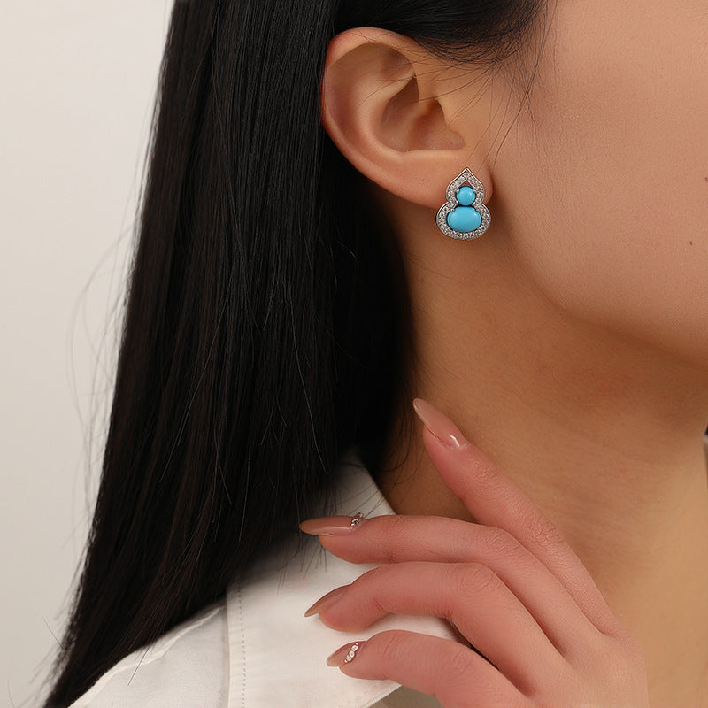 Vintage Micro-Paved Zircon Gourd Earrings High-End Luxury Niche Temperament Fashion Exquisite Versatile Silver Needle Earrings for Women