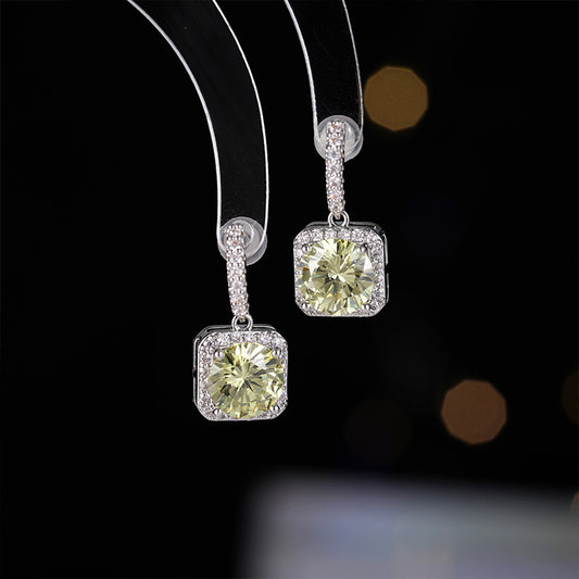 Yellow Small Sugar Cube Zirconia Earrings s925Silver Needle Niche Fresh Sweet Light Luxury Earrings Simple Versatile Ear Jewelry for Women