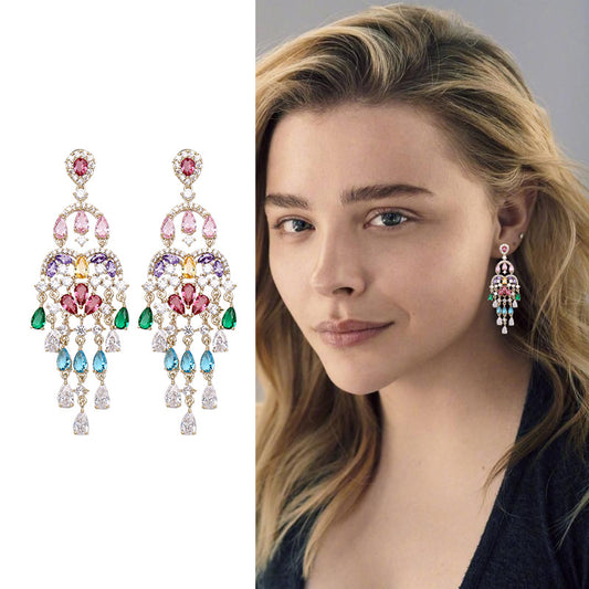 Autumn European and American Style Personality Tassel Earrings Long Colorful Zircon Studs New Fashion Water Drop Earrings for Women