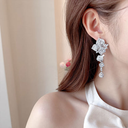 High-end Heavy Craft Earrings for Annual Meeting and Evening Dresses, Luxurious Long Elegant Zircon Flower Earrings