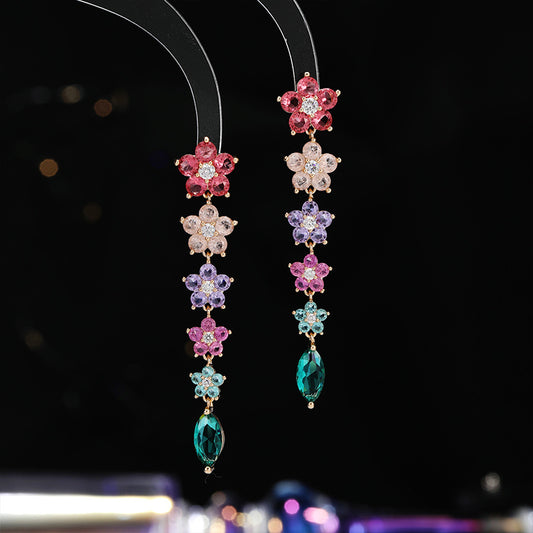 Colorful Ice Crack Flower Earrings S925Silver Needle Elegant Long Tassel Gradient Pink Purple Heavy Craft Earrings for Women