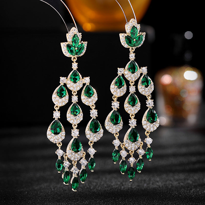 Colorful Zircon Inlaid Long Water Drop Tassel Earrings Trendy European and American Court Style Exaggerated Elegant Heavy Craft Earrings