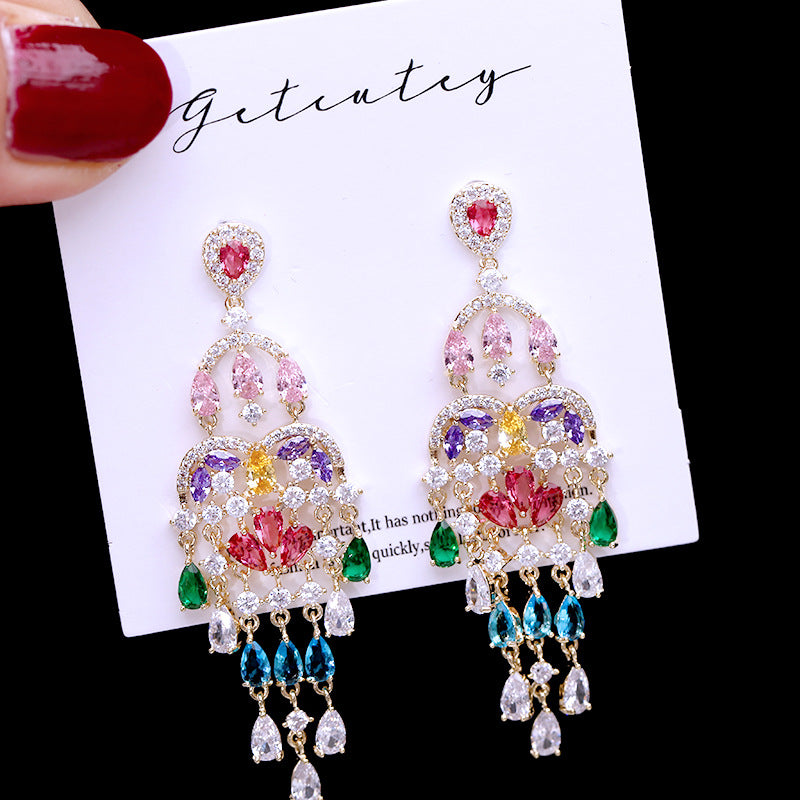 Autumn European and American Style Personality Tassel Earrings Long Colorful Zircon Studs New Fashion Water Drop Earrings for Women