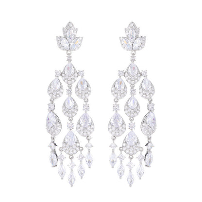 Colorful Zircon Inlaid Long Water Drop Tassel Earrings Trendy European and American Court Style Exaggerated Elegant Heavy Craft Earrings