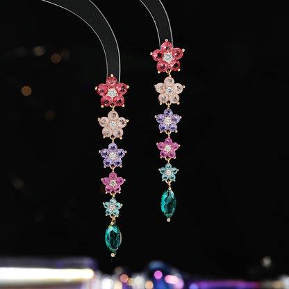 Colorful Ice Crack Flower Earrings S925Silver Needle Elegant Long Tassel Gradient Pink Purple Heavy Craft Earrings for Women