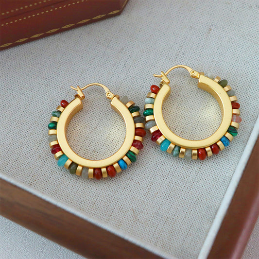 Vintage Niche Colorful Bohemian Natural Stone Beaded Earrings High-end Fashion Exquisite Personality Temperament Ear Jewelry
