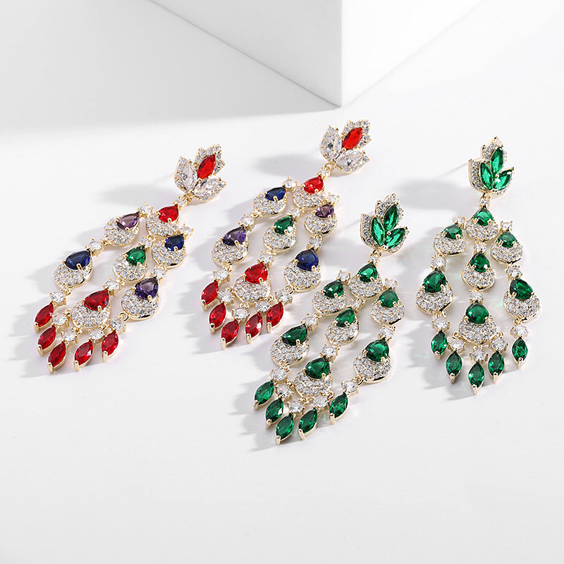 Colorful Zircon Inlaid Long Water Drop Tassel Earrings Trendy European and American Court Style Exaggerated Elegant Heavy Craft Earrings