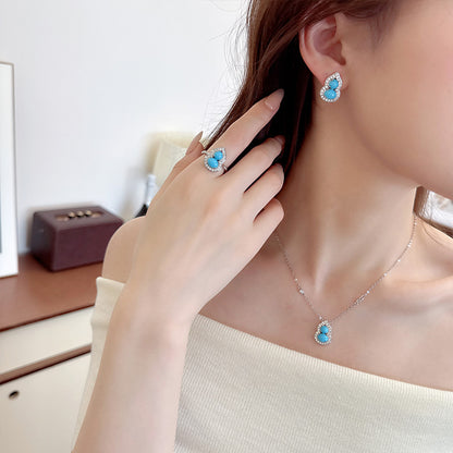 New Chinese Style Retro Imitation Turquoise Gourd Pendant Necklace Ring Jewelry Set Light Luxury High-end National Style Earrings