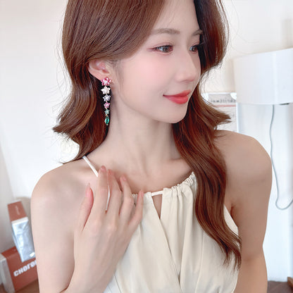Colorful Ice Crack Flower Earrings S925Silver Needle Elegant Long Tassel Gradient Pink Purple Heavy Craft Earrings for Women