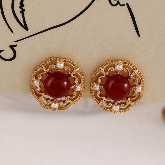 Vintage New Chinese Style Wine Red Agate Stone Earrings for Women Elegant Palace Style High-end Simple Temperament Pearl Earrings
