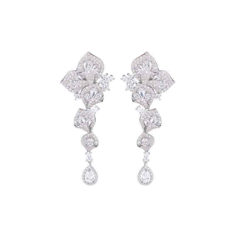 High-end Heavy Craft Earrings for Annual Meeting and Evening Dresses, Luxurious Long Elegant Zircon Flower Earrings