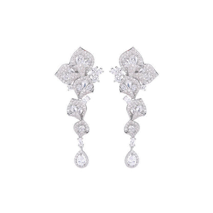 High-end Heavy Craft Earrings for Annual Meeting and Evening Dresses, Luxurious Long Elegant Zircon Flower Earrings