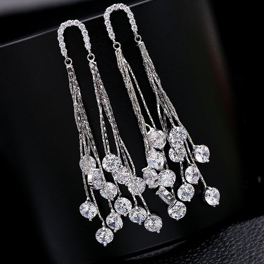 Cross-border European and American Fashion Shiny Zircon Exaggerated Tassel Earrings s925Silver Needle High-End Long Evening Earrings