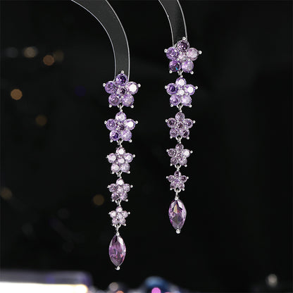 Colorful Ice Crack Flower Earrings S925Silver Needle Elegant Long Tassel Gradient Pink Purple Heavy Craft Earrings for Women