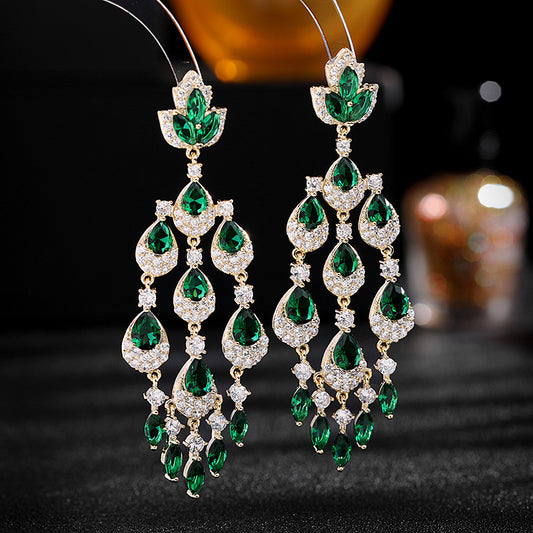 Colorful Zircon Inlaid Long Water Drop Tassel Earrings Trendy European and American Court Style Exaggerated Elegant Heavy Craft Earrings