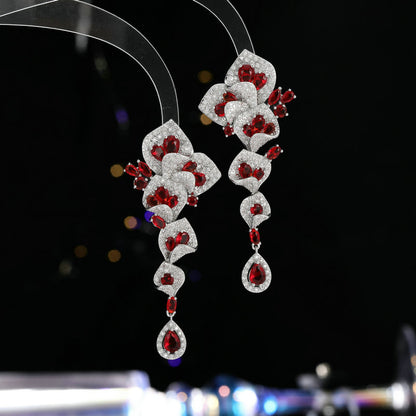 High-end Heavy Craft Earrings for Annual Meeting and Evening Dresses, Luxurious Long Elegant Zircon Flower Earrings