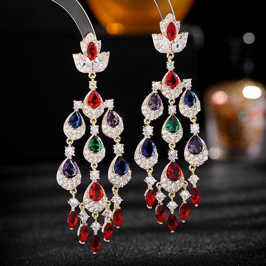 Colorful Zircon Inlaid Long Water Drop Tassel Earrings Trendy European and American Court Style Exaggerated Elegant Heavy Craft Earrings