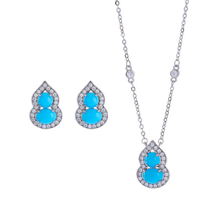 New Chinese Style Retro Imitation Turquoise Gourd Pendant Necklace Ring Jewelry Set Light Luxury High-end National Style Earrings