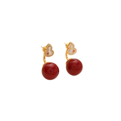 Original New Chinese Style Shi Family Pearl Red Gourd Earrings Exquisite Versatile Retro Silver Needle Earrings Light Luxury High-end Feel