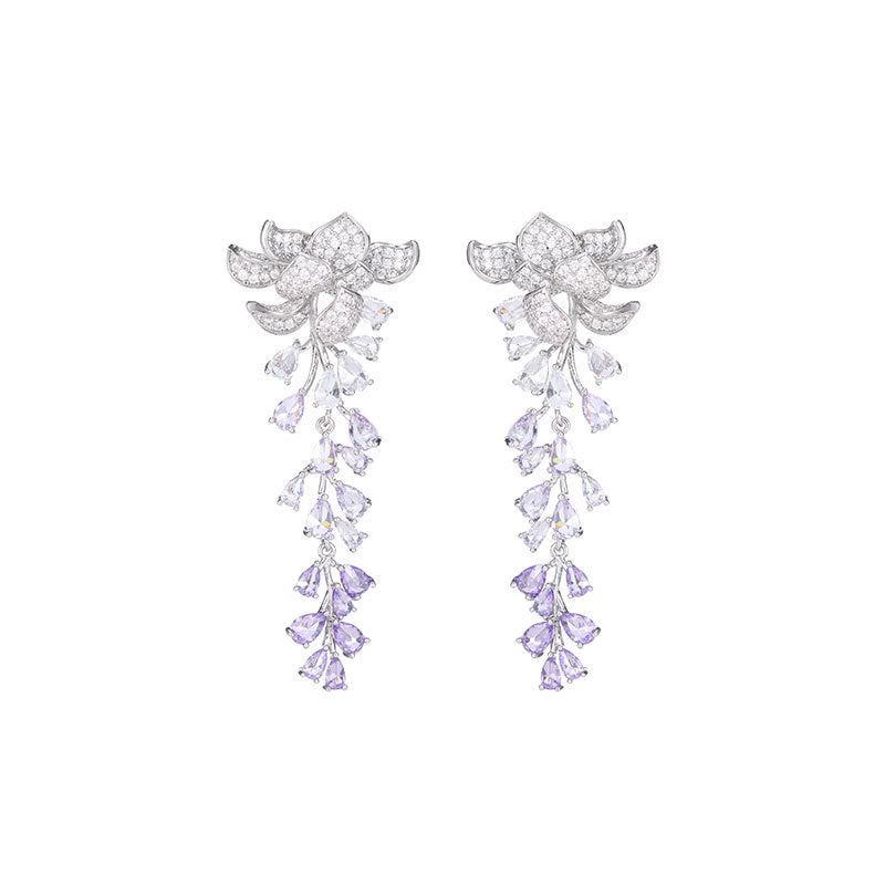 Heavy Craft Hot-Selling Zircon Leaf Wisteria Flower Earrings Fashion Evening Elegant Bride Wedding Dress Earrings Accessories