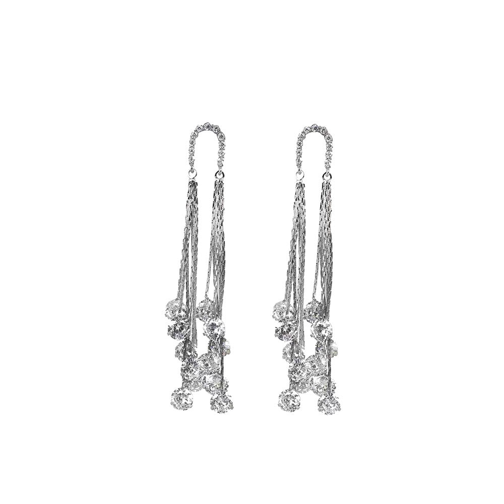 Cross-border European and American Fashion Shiny Zircon Exaggerated Tassel Earrings s925Silver Needle High-End Long Evening Earrings